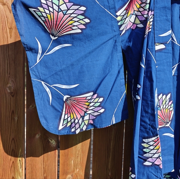 Blue Unisex Kimono; Slate Blue with Multicoloured Lotus Flower Design. - Picture 2 of 11